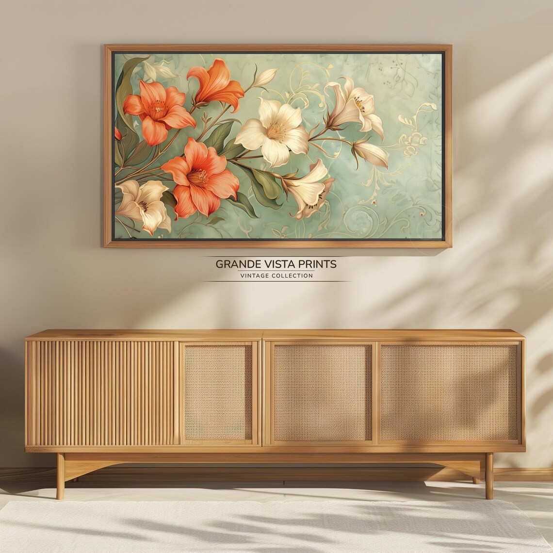 Coral Cream Trumpet Lilies on Sage Green Nouveau Floral Wall Art Print - Image 4