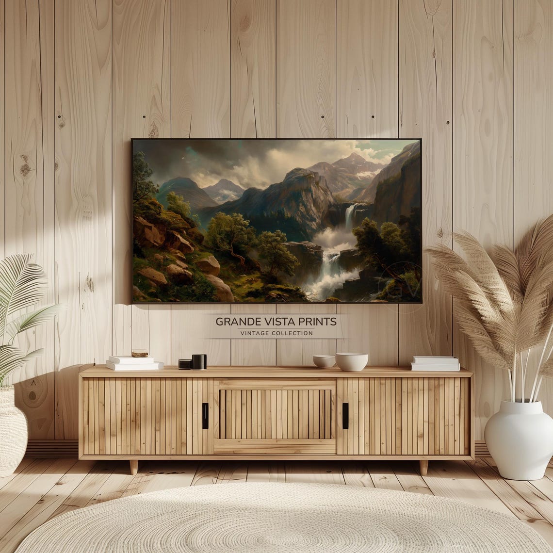 Dramatic Mountain Waterfall Canyon Stormy Sky Vintage Landscape Poster - Image 2