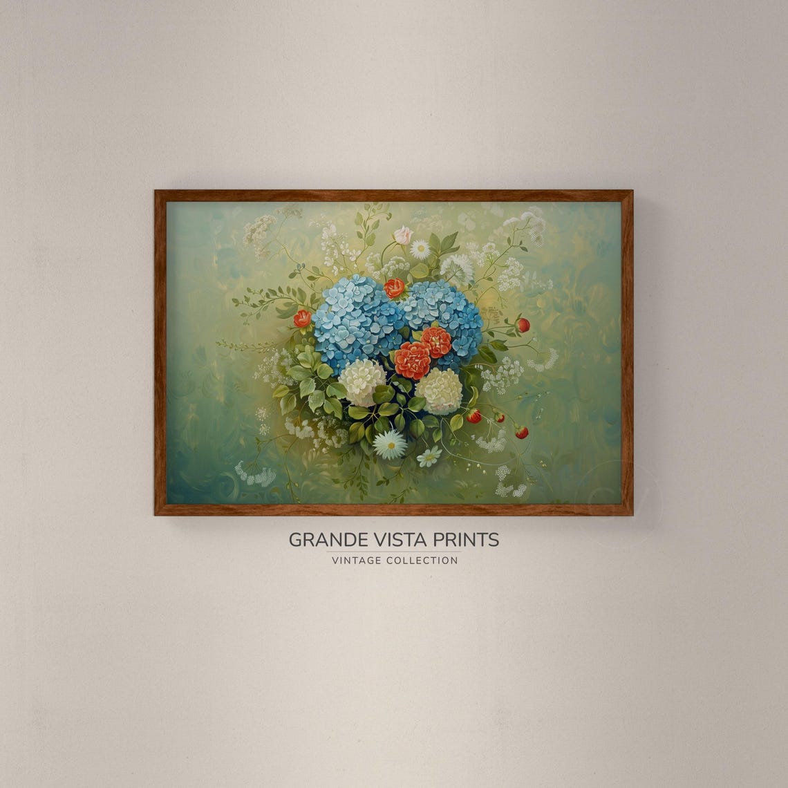 Blue Hydrangea Red Blossom Vine Vintage Floral Wall Art Poster - Image 2