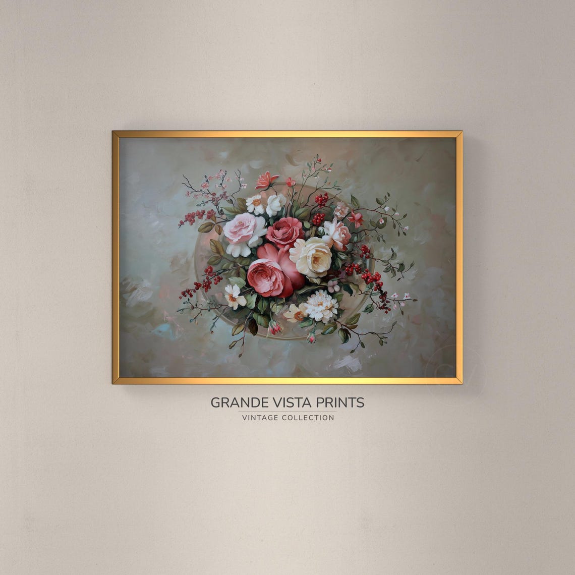 Pink Roses and White Blossoms Red Berry Bouquet Vintage Floral Poster