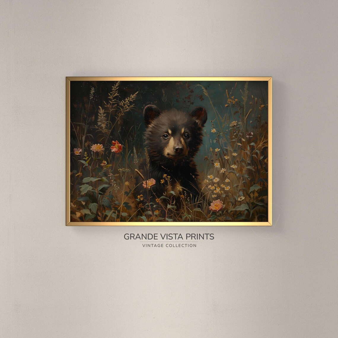 Black Bear Cub Wildflower Field Vintage Wildlife Wall Art Poster