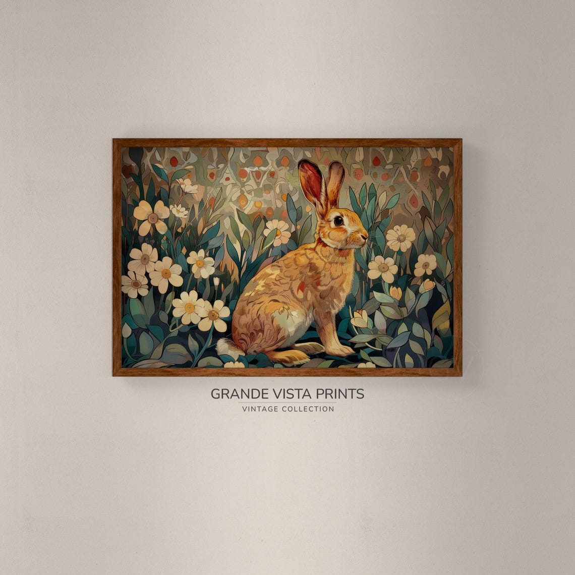 Amber Rabbit in White Daisy Meadow Art Nouveau Style Easter Wall Art - Image 2