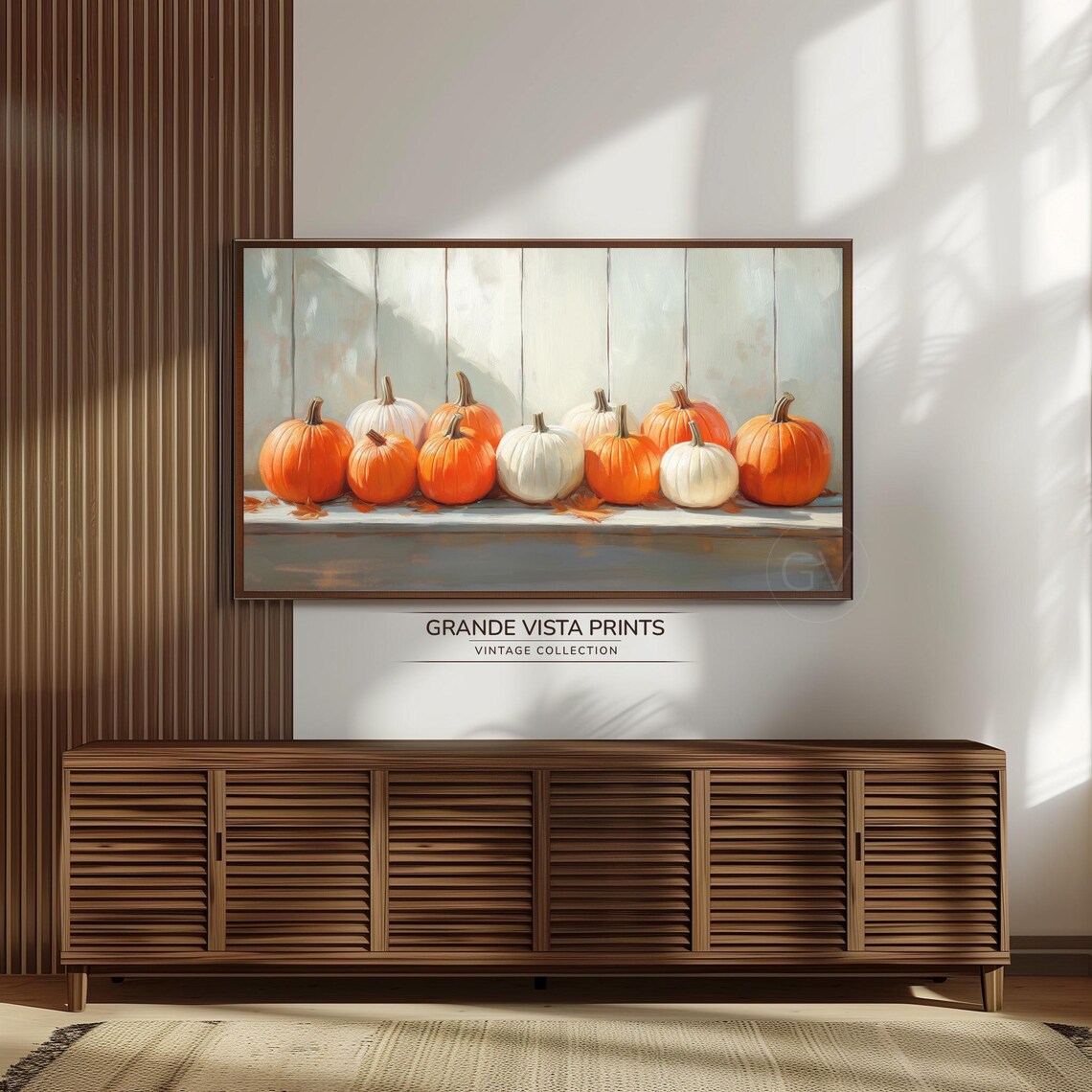 Orange White Pumpkins Row Sunlit Shelf Vintage Fall Farmhouse Art Poster - Image 3