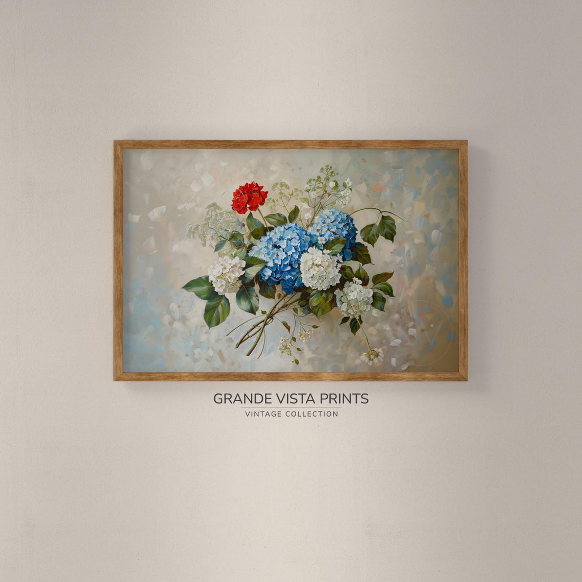 Blue Hydrangea White Blossoms Red Flower Loose Bouquet Floral Poster - Image 2