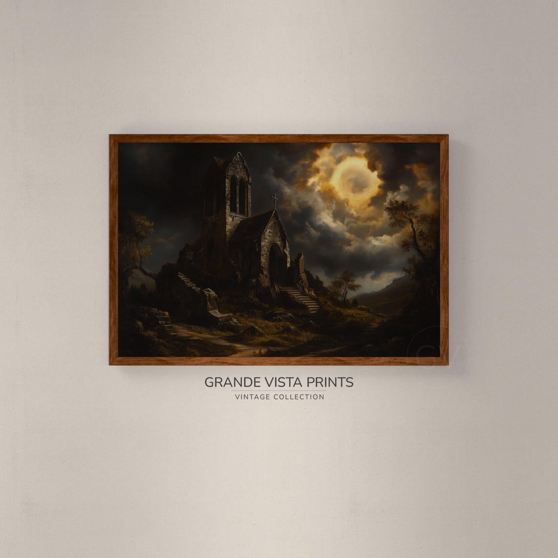 Dark Academia Ruined Stone Church Stormy Night Clouds Moon Print - Image 2