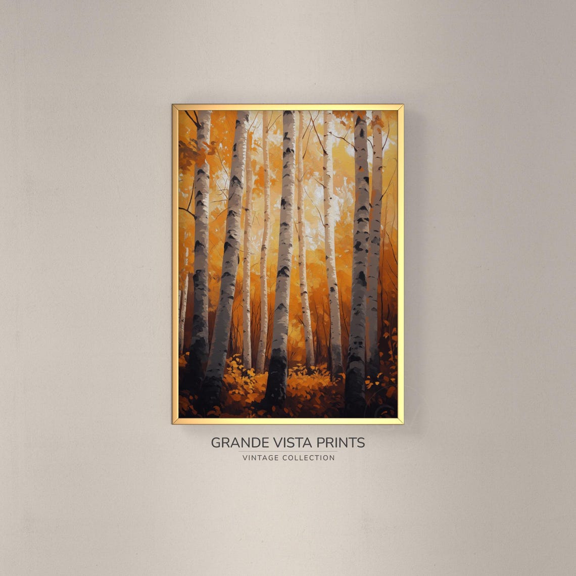 Orange Canopy Birch Trunks Dark Warm Autumn Vintage Poster Art