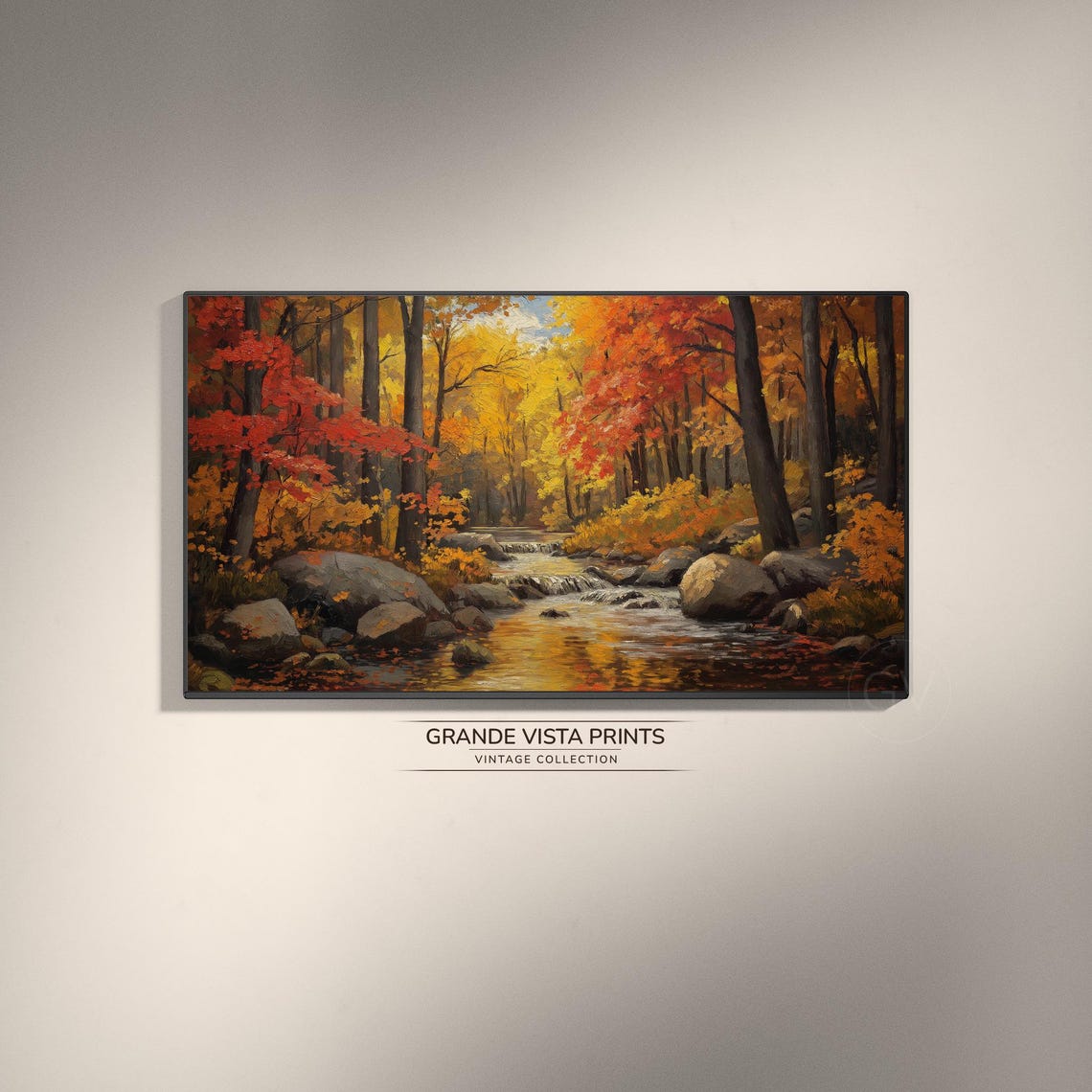 Rocky Autumn Stream Red Orange Forest Fall Landscape Painting Poster