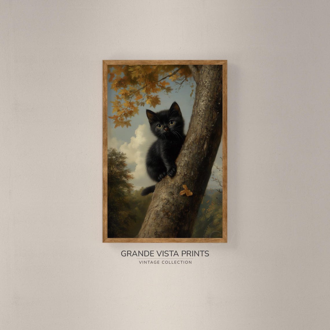Black Kitten Climbing Tree Autumn Leaves Cute Vintage Cat Art Print - Image 2