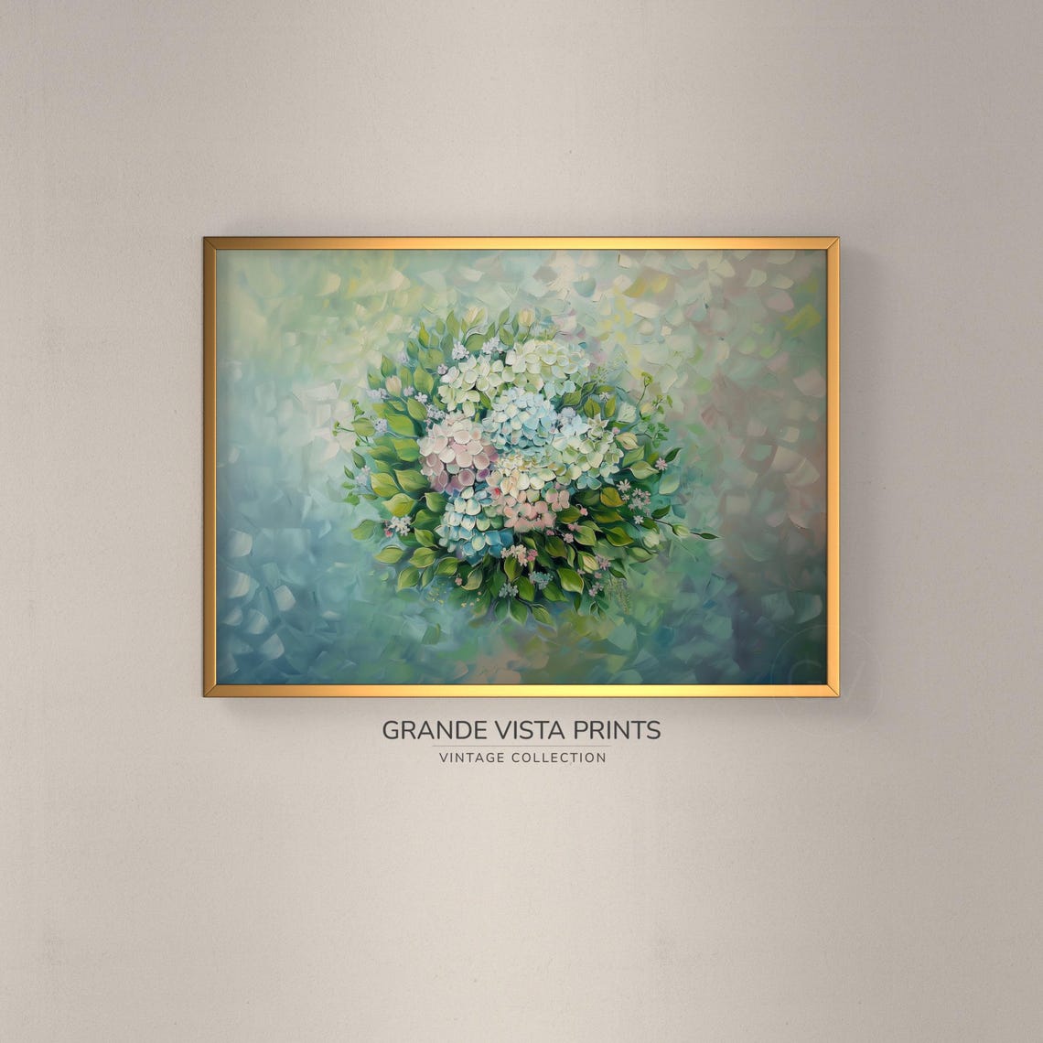 Soft White Blush Hydrangea Circle Bouquet Mint Impressionist Wall Art