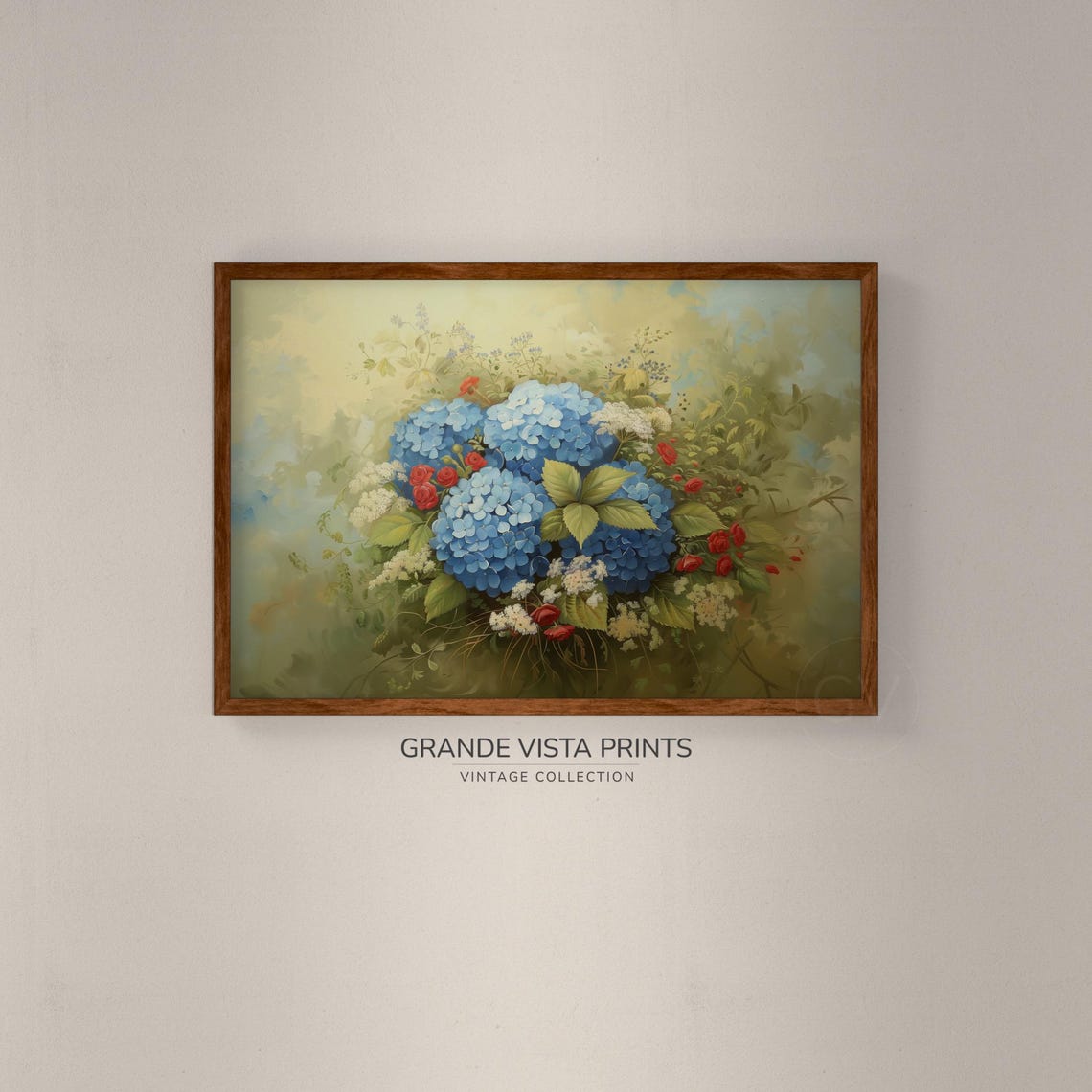 Blue Hydrangea Blossom Bouquet Vintage Floral Still Life Art Poster - Image 2
