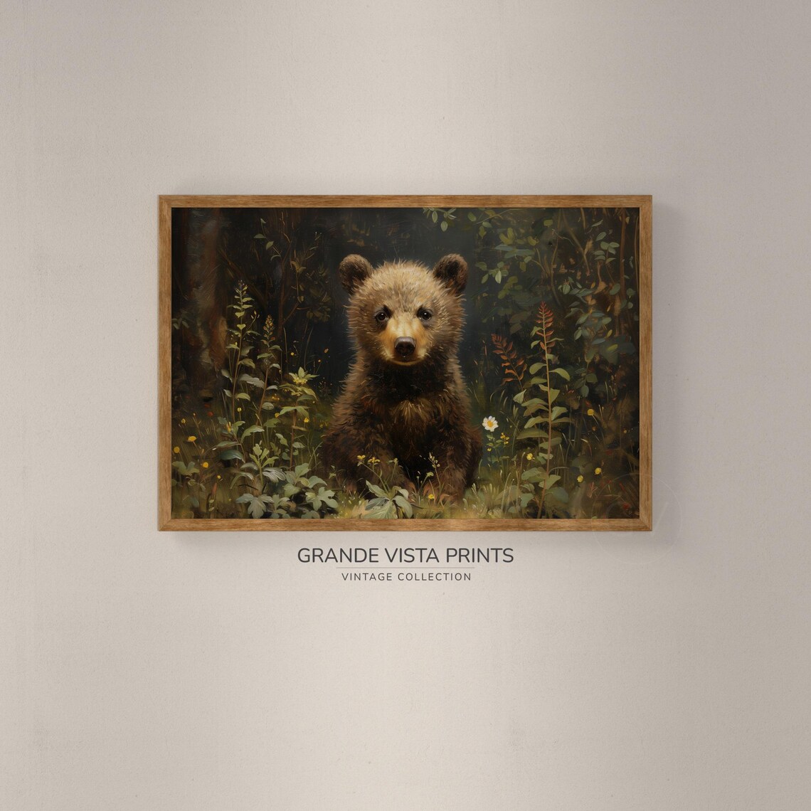 Brown Bear Cub Wildflower Meadow Dark Forest Vintage Wildlife Poster - Image 2