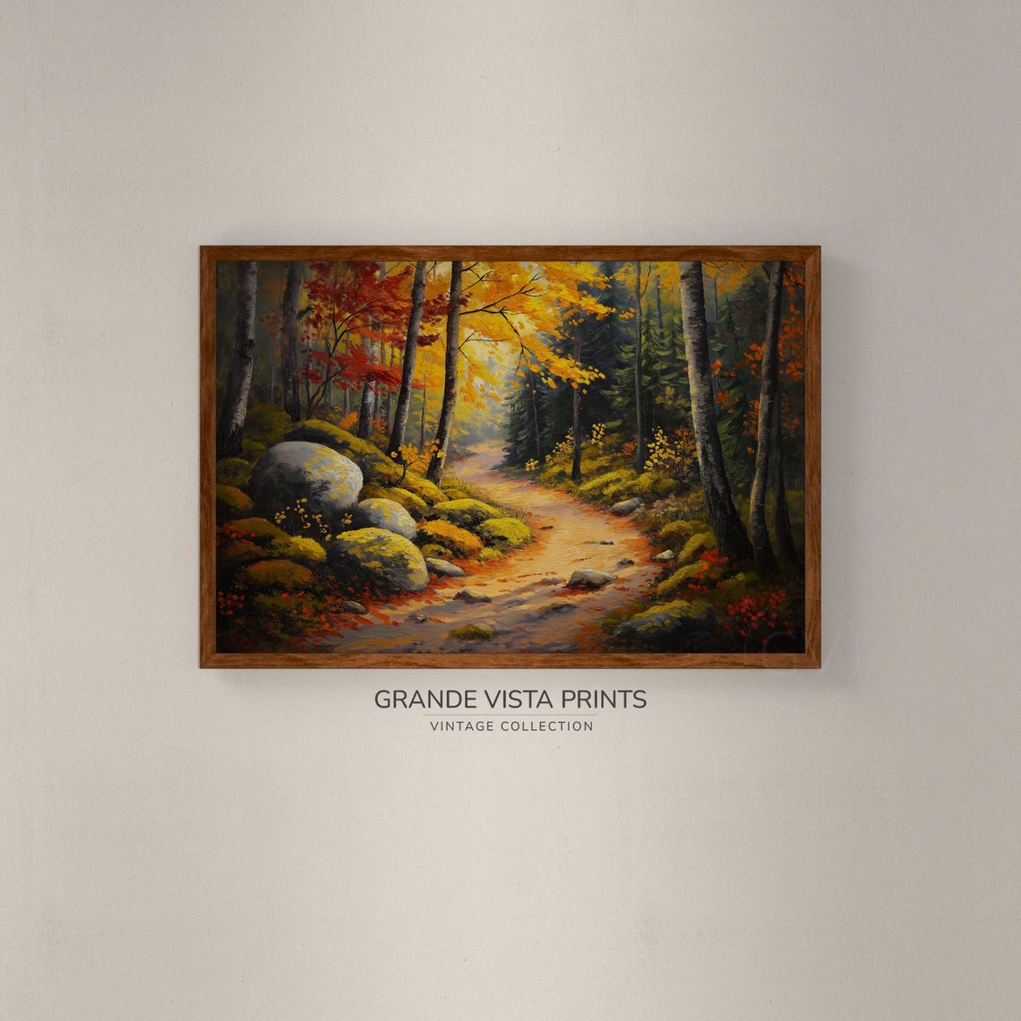 Golden Autumn Woodland Path Mossy Boulders Birch Trees Fall Art Poster - Image 2