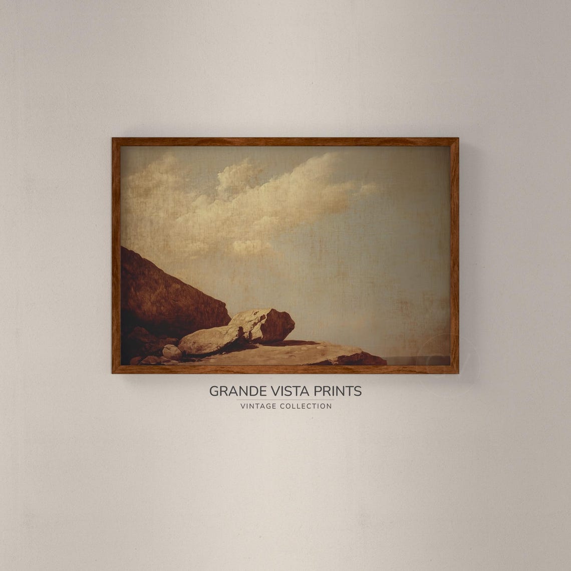 Vintage Sepia Coastal Cliff Rocks Cloudy Sky Seaside Landscape Print - Image 2