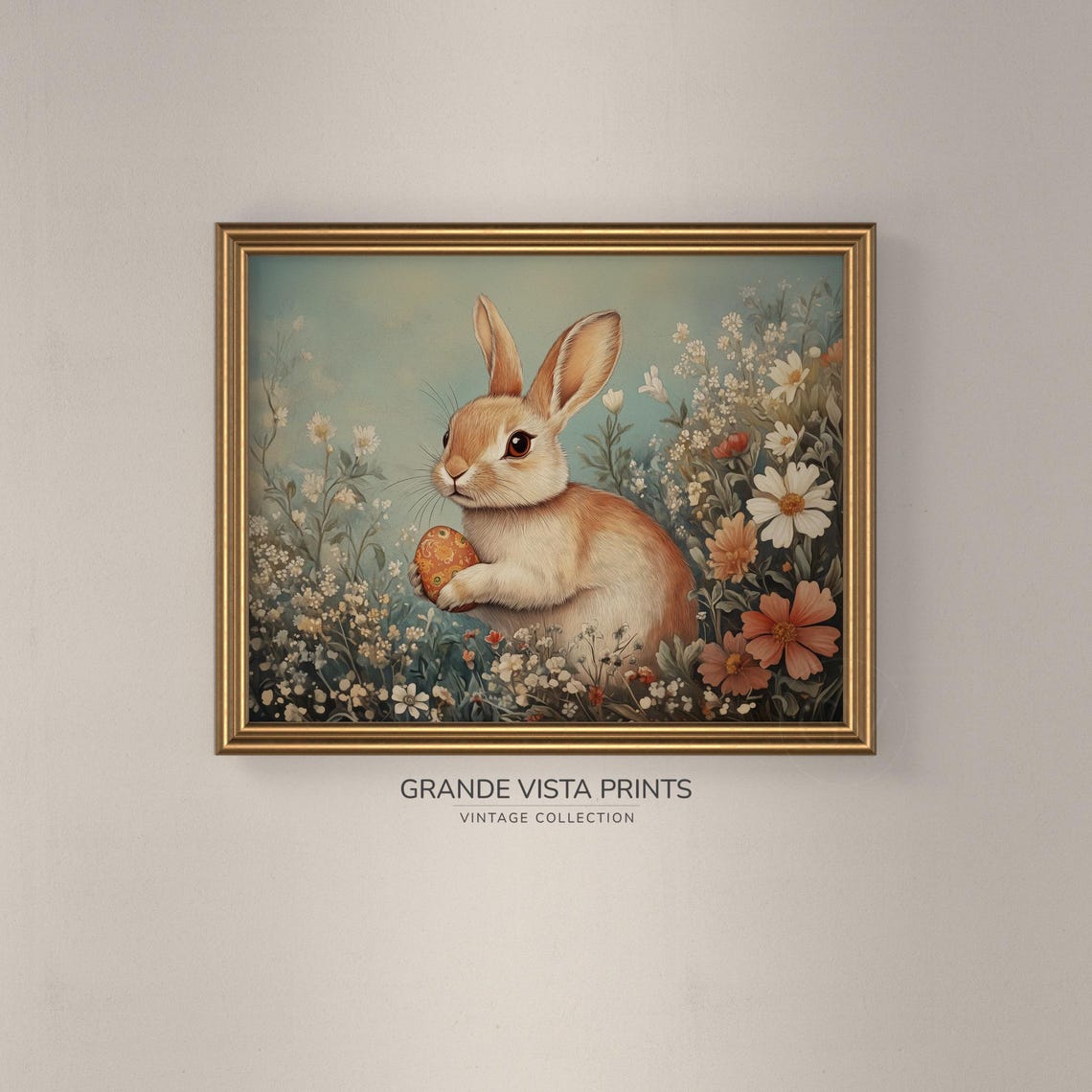 Tan Rabbit Holding Painted Easter Egg Wildflowers Vintage Art Poster - Image 3