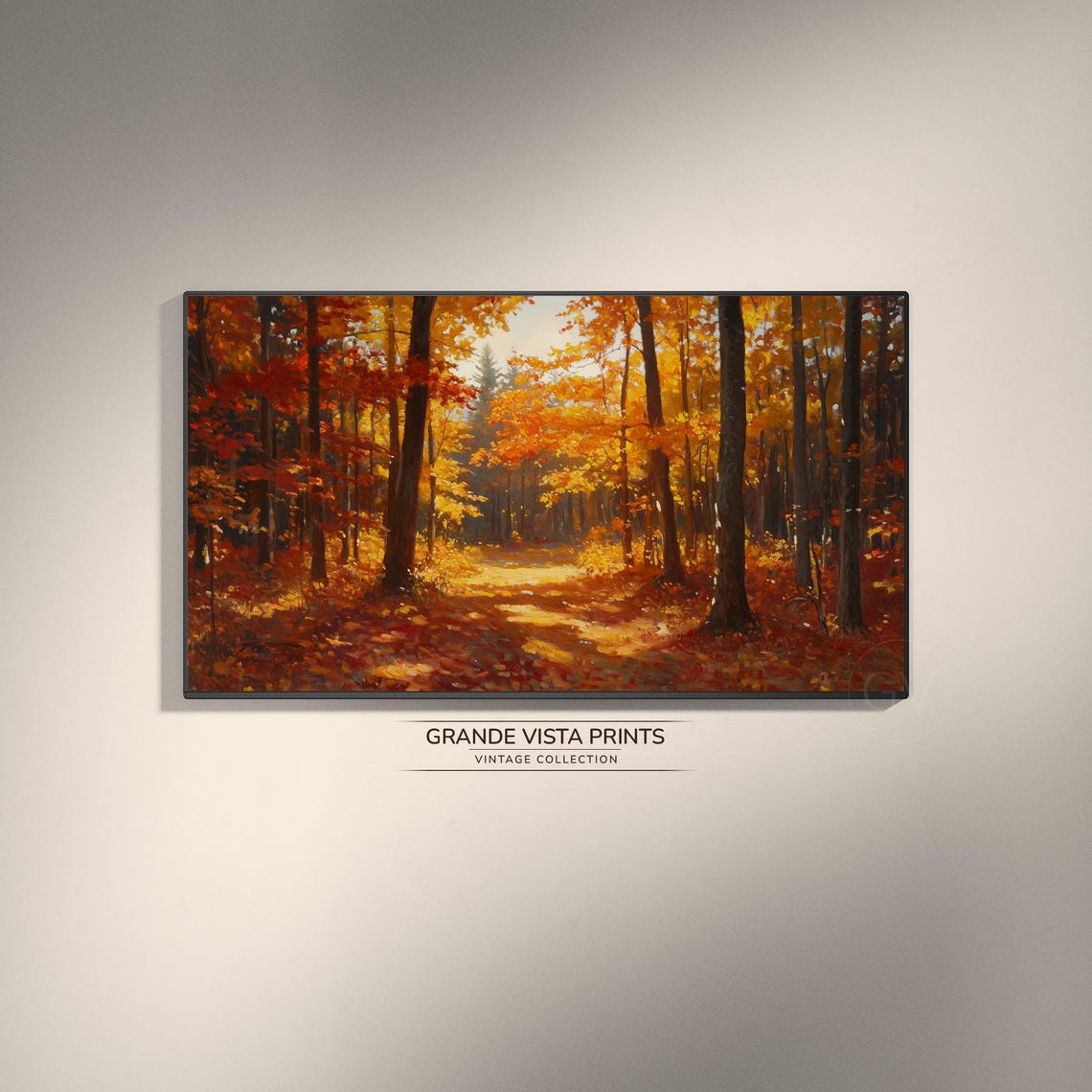 Fiery Autumn Forest Sunbeams Through Red Orange Canopy Fall Art Poster