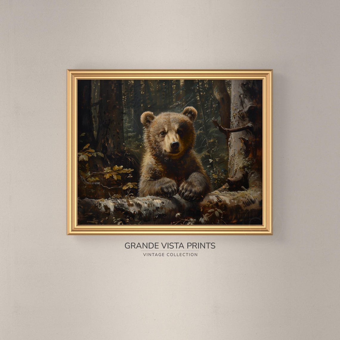Bear Cub Birch Log Forest Vintage Wildlife Portrait Wall Poster - Image 3