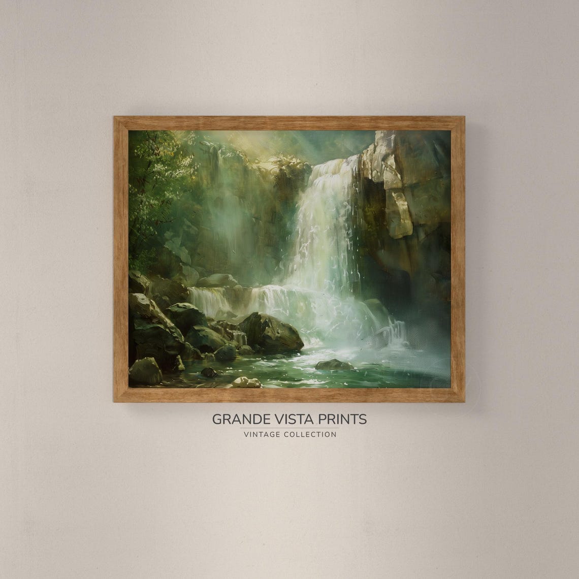 Misty Forest Waterfall Emerald Mist Mossy Rocks Painting Poster - Image 4