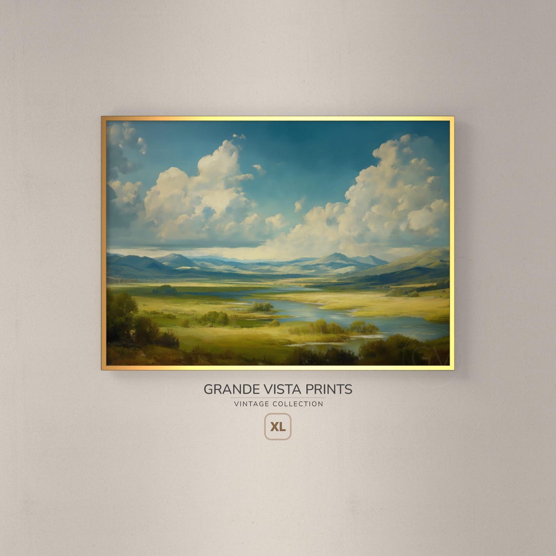 Green Valley Winding River Blue Mountains Big Clouds Landscape Poster