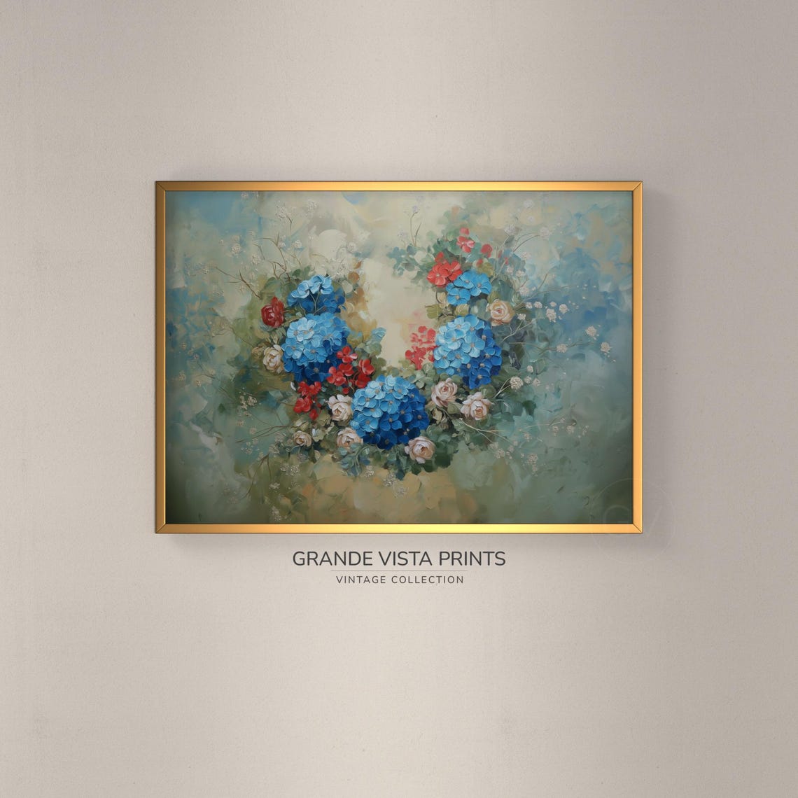 Blue Hydrangea Rose Wreath Vintage Floral Still Life Wall Poster