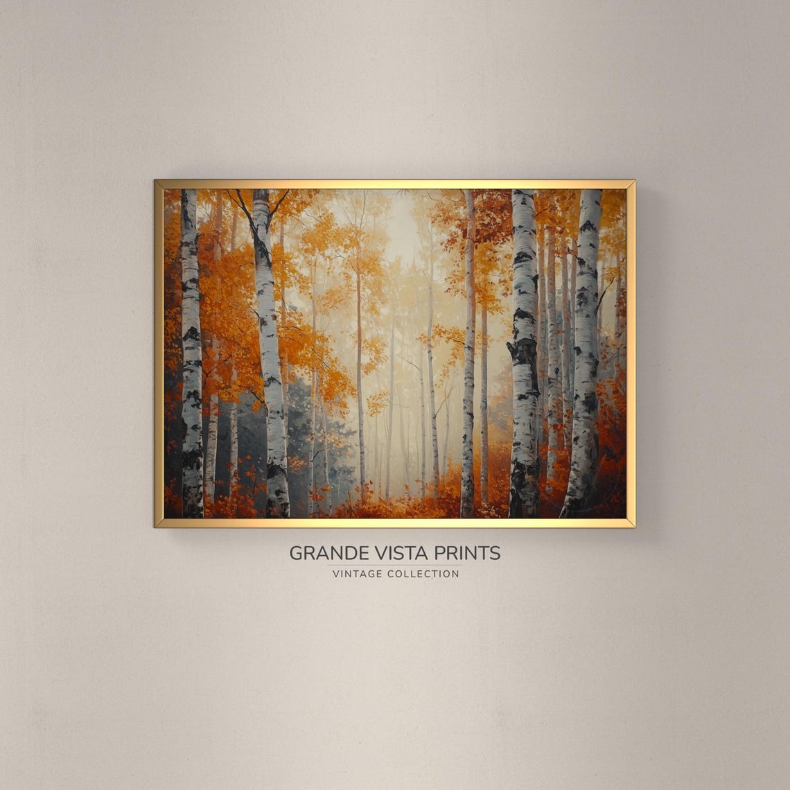 Tall Birch Trees Golden Light Autumn Forest Landscape Painting Poster