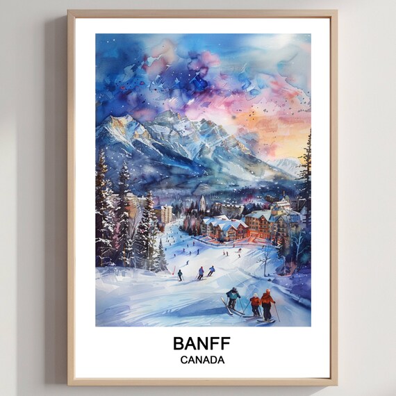 Banff Canada Ski Resort Watercolor Mountain Sunset Scene Travel Poster