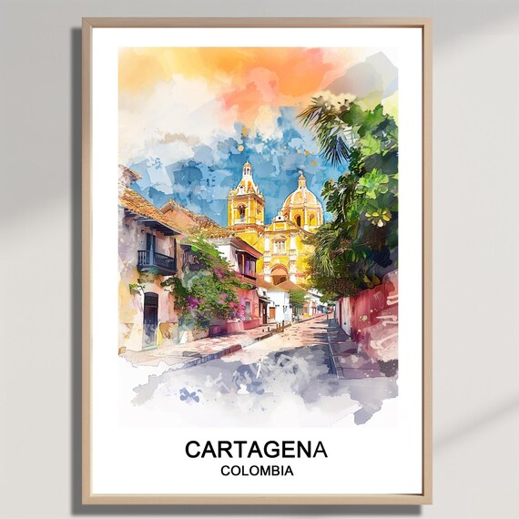 Cartagena Colombia Watercolor Poster Colonial Church Street Old Town Art