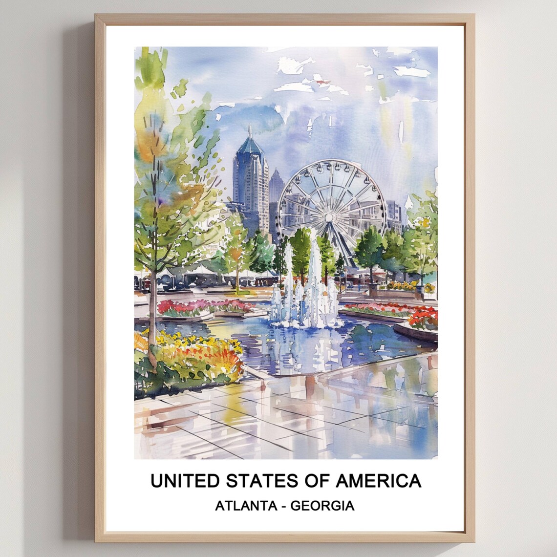 Atlanta Georgia Ferris Wheel And Fountain Park Watercolor Travel Poster