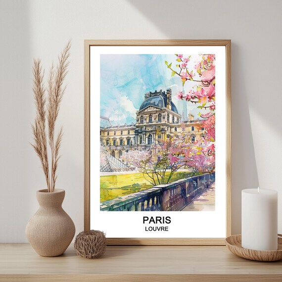 Paris Louvre Museum Watercolor Spring Blossom Tuileries Travel Poster
