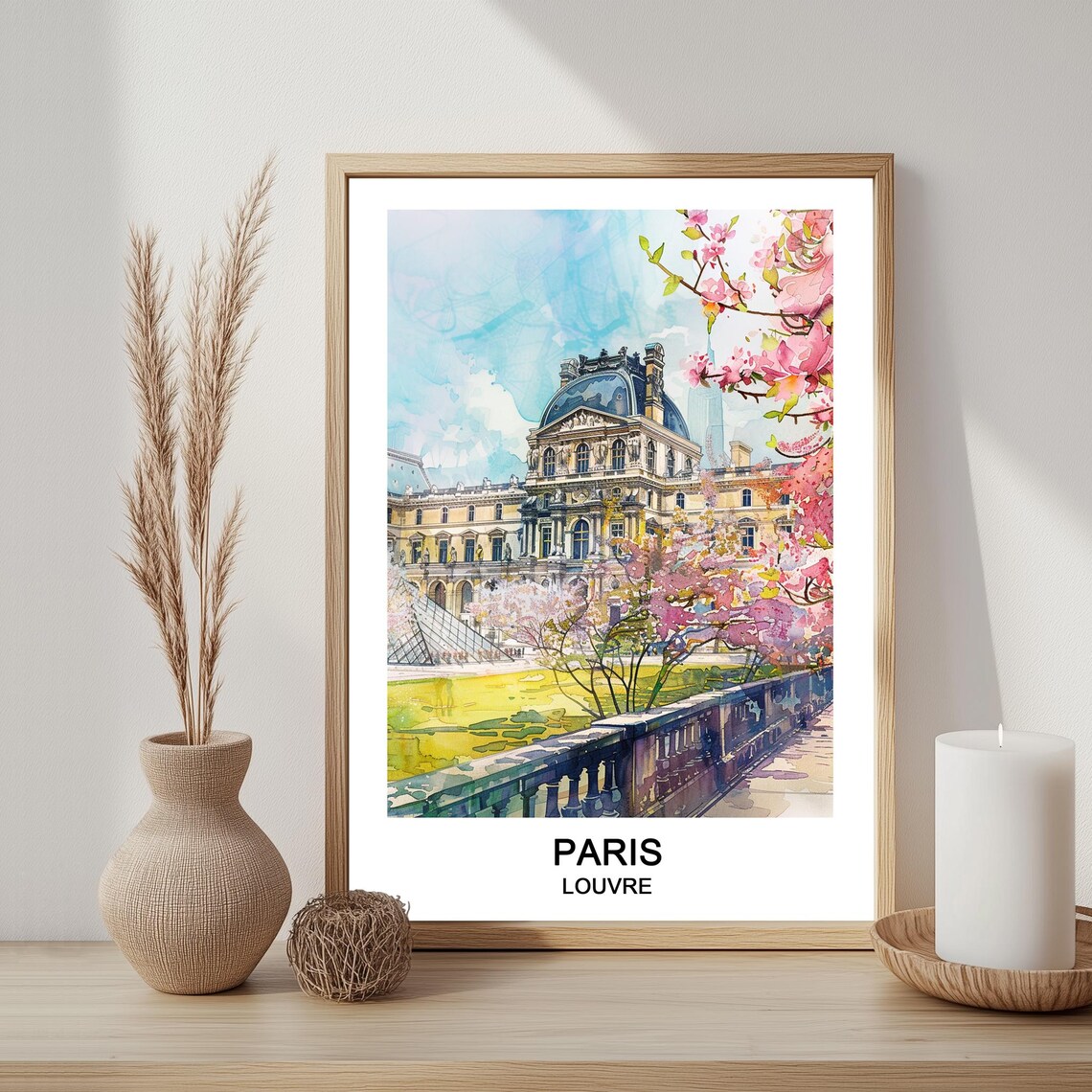 Paris Louvre Museum Watercolor Spring Blossom Tuileries Travel Poster
