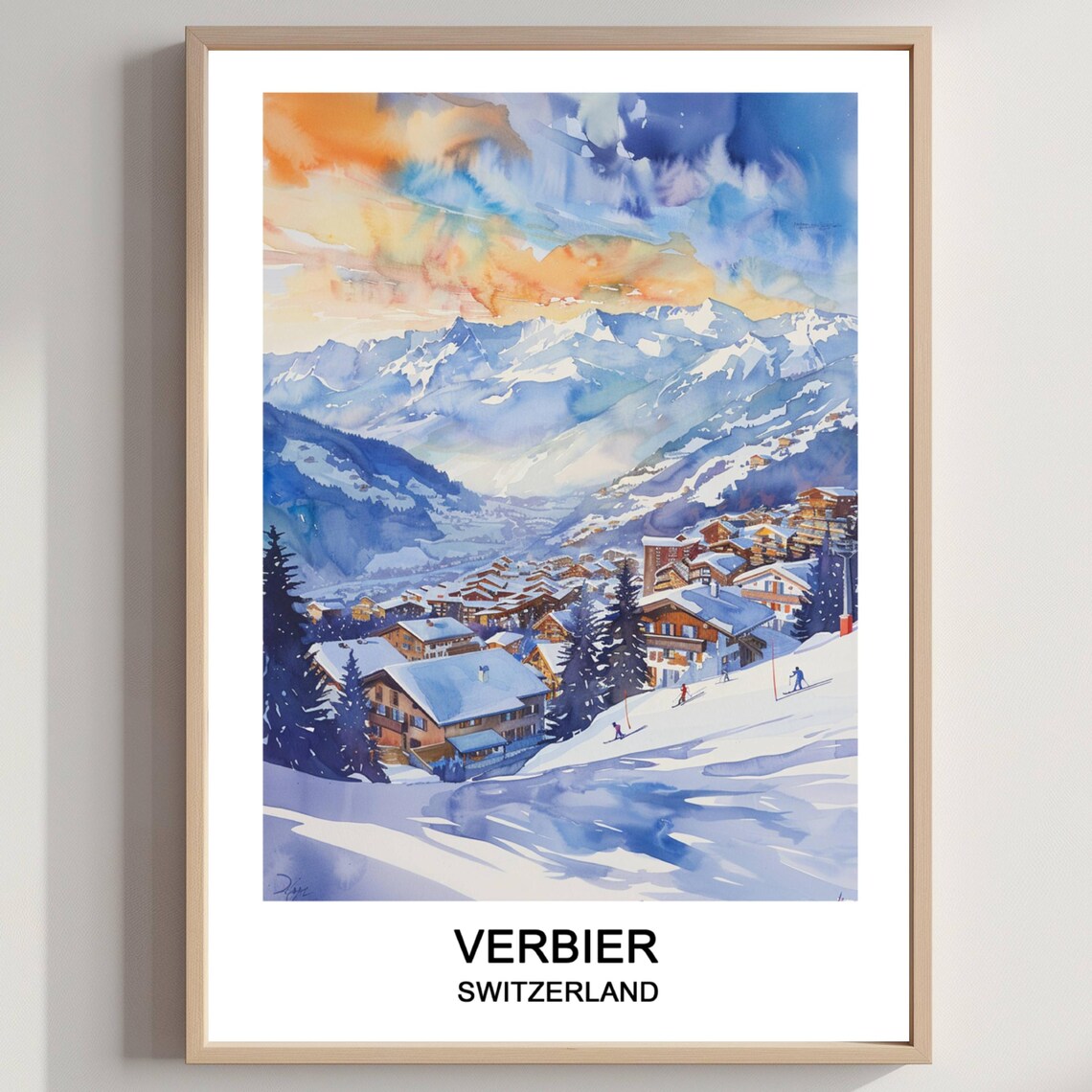 Verbier Switzerland Ski Resort Snowy Chalets Sunset Watercolor Poster