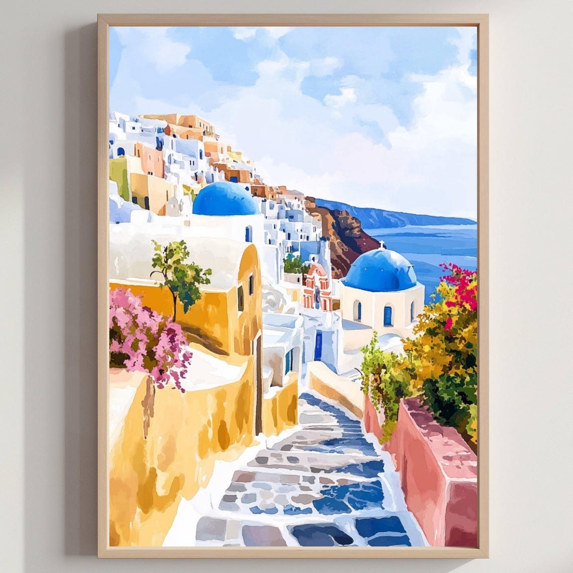 Santorini Greece Blue Domes Stairway Watercolor Travel Poster