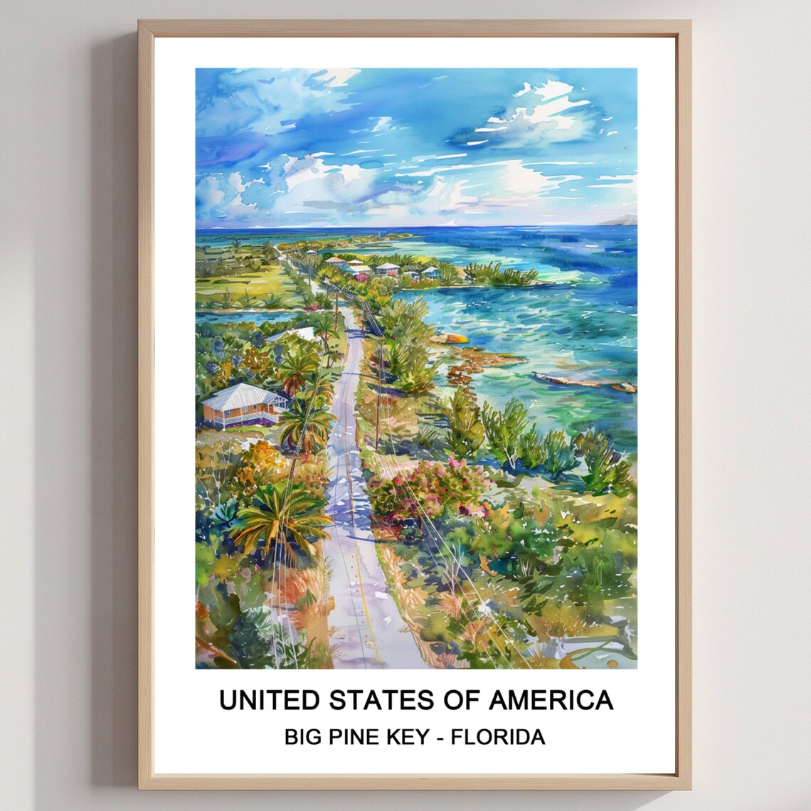 Big Pine Key Florida Keys Coastline Road Palm Trees Watercolor Travel Poster