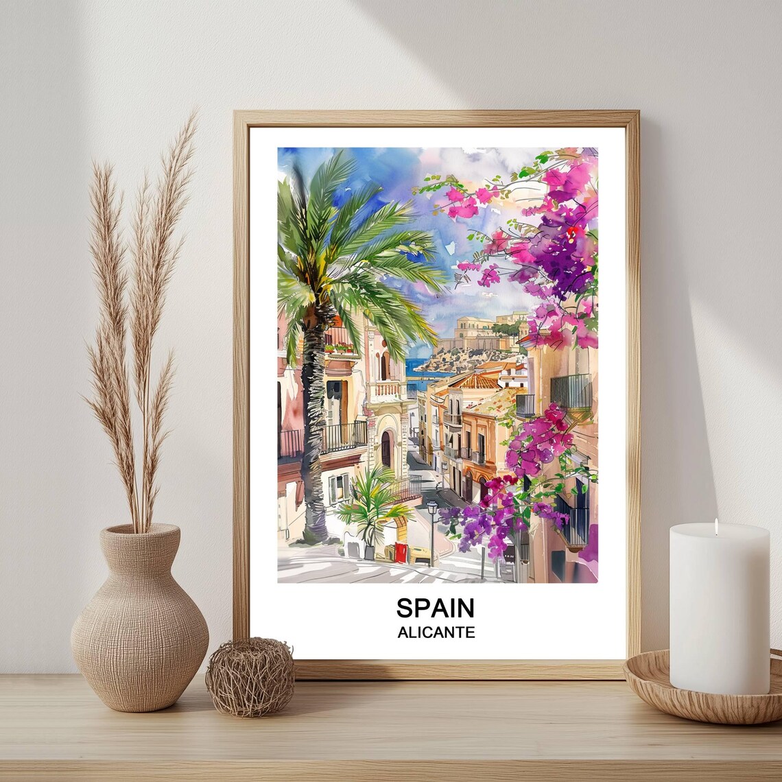 Alicante Spain Coastal Old Town Palm Watercolor Travel Poster