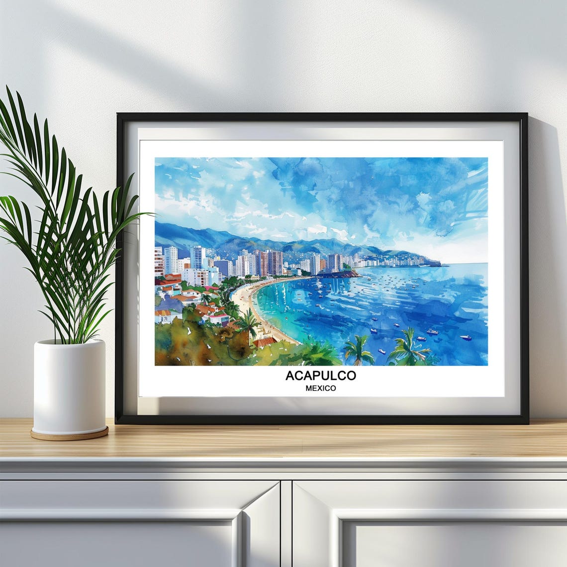 Acapulco Mexico Watercolor Poster Beach Bay City Skyline Travel Art