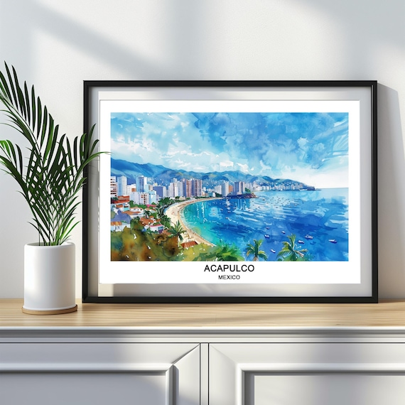 Acapulco Mexico Watercolor Poster Beach Bay City Skyline Travel Art