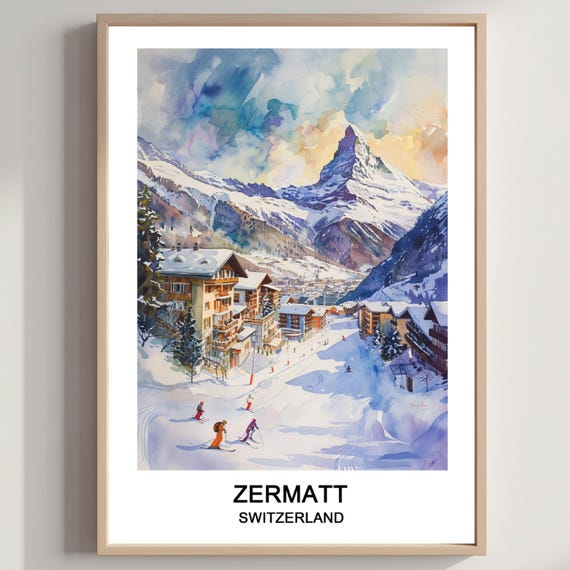 Zermatt Ski Resort Watercolor Print Swiss Travel Poster