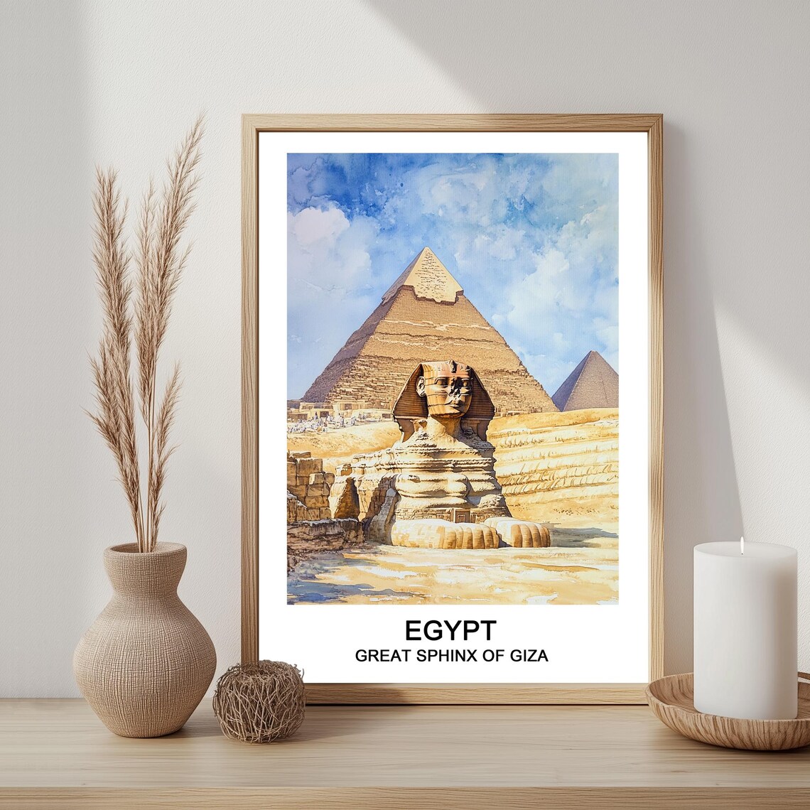 Great Sphinx Of Giza Egypt Pyramid Desert Watercolor Travel Poster