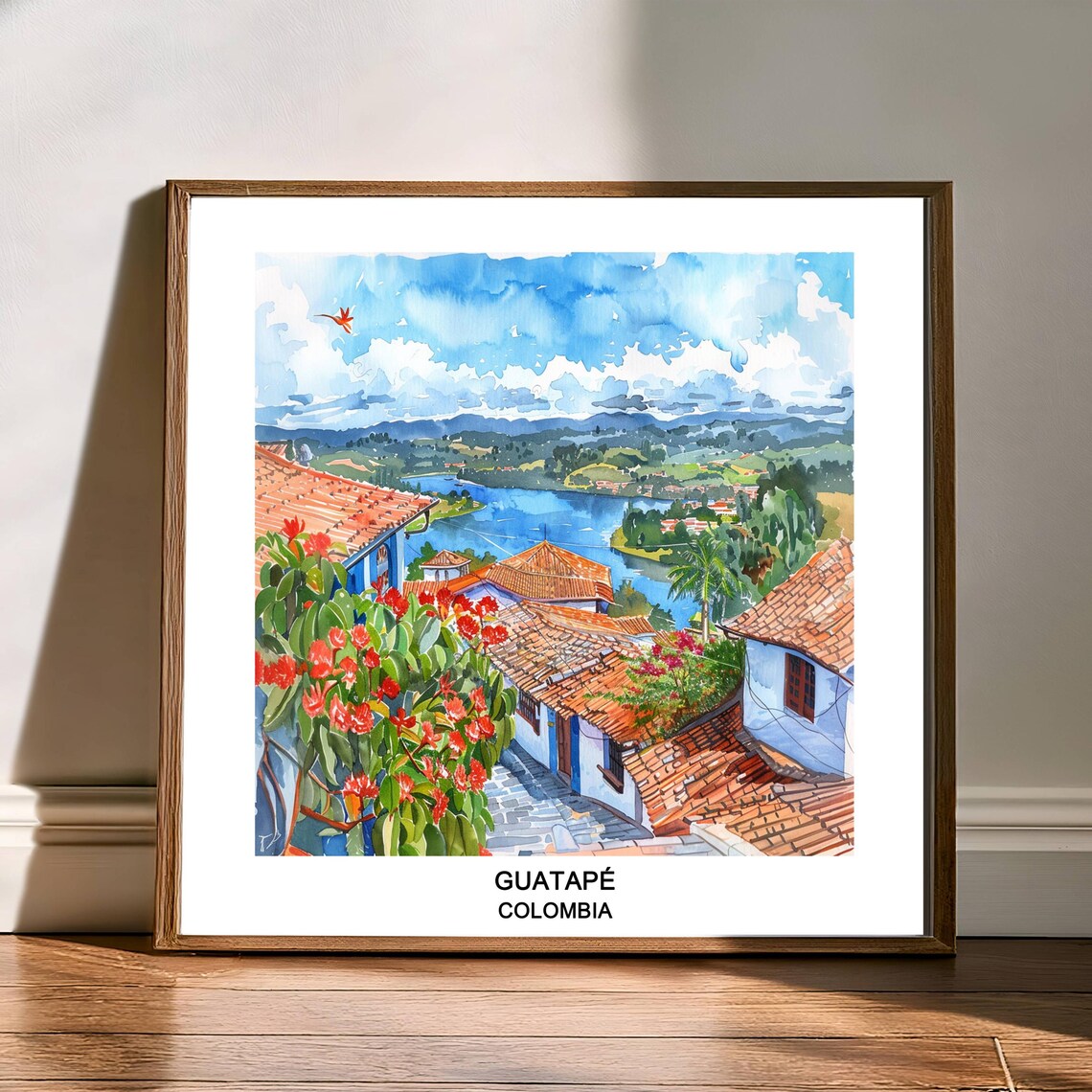 Guatape Colombia Watercolor Lake Town Rooftops Travel Poster