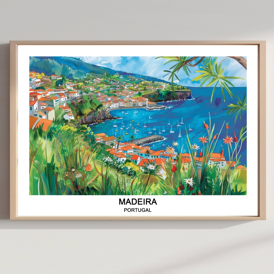 Madeira Portugal Coastal Harbor Blue Bay Watercolor Travel Poster