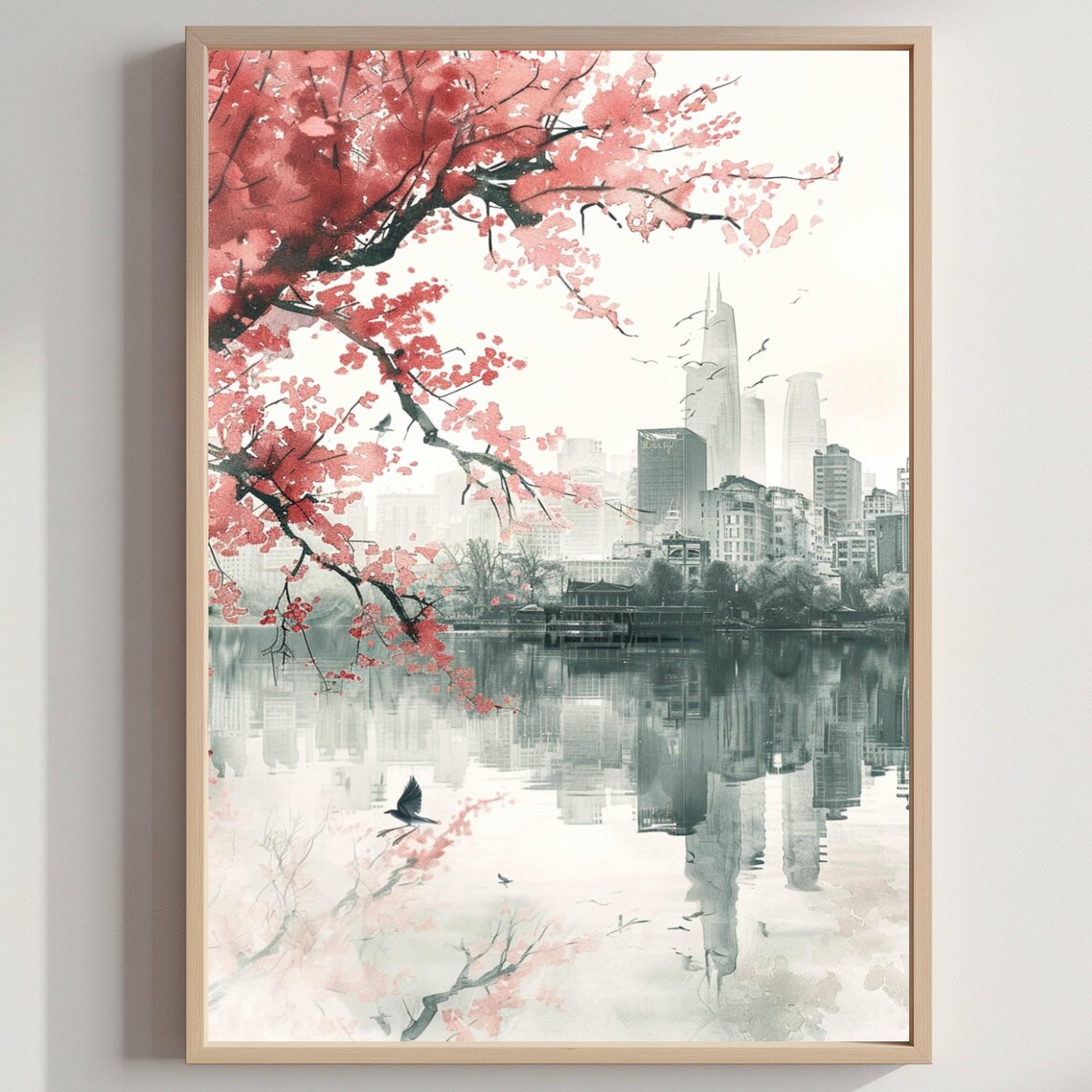 Hanoi Lake Red Blossom Trees Misty Skyline Watercolor Travel Poster