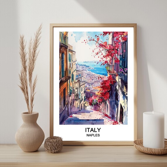 Naples Italy Watercolor Print Coastal Cityscape Travel Poster