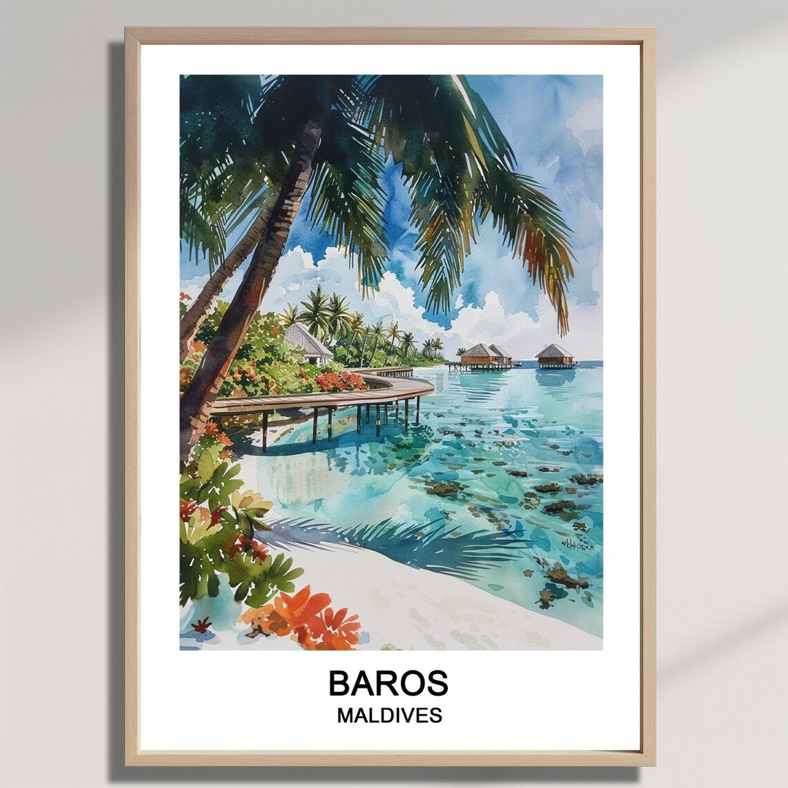 Baros Maldives Watercolor Poster Overwater Bungalows Palm Beach Art