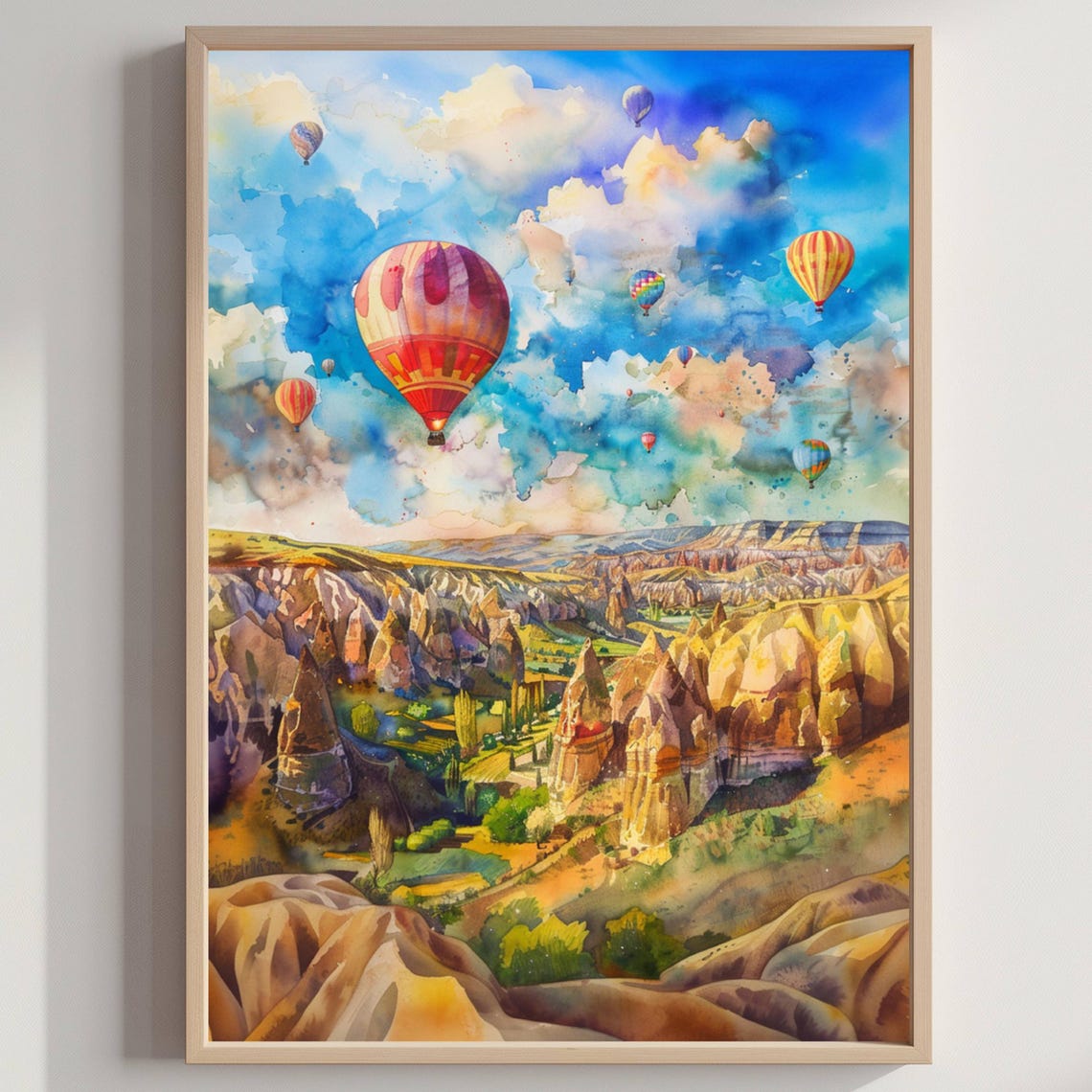 Cappadocia Hot Air Balloons Fairy Chimneys Valley Watercolor Poster