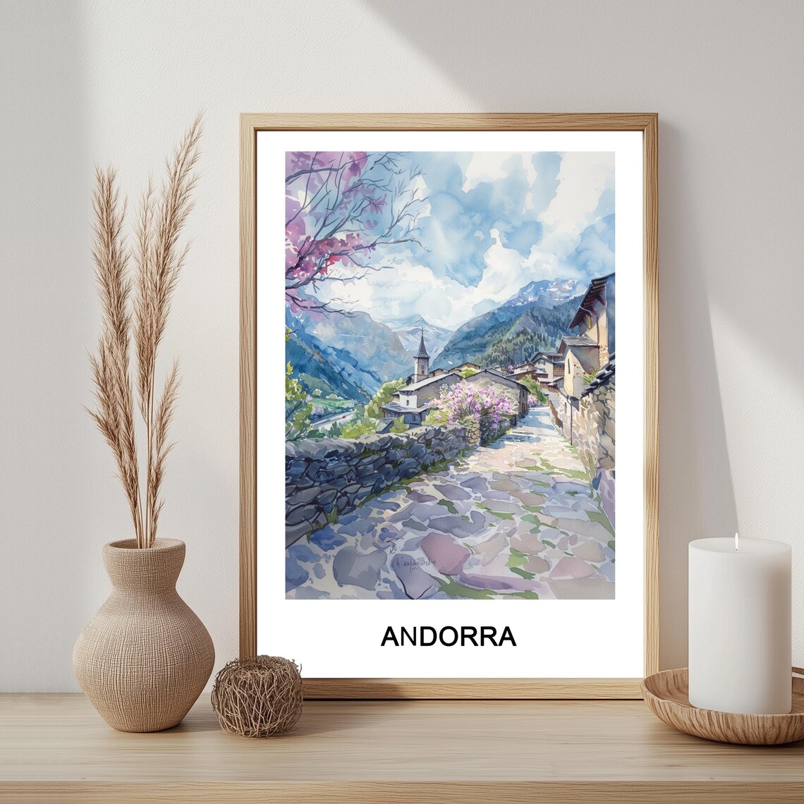 Andorra Mountain Village Watercolor Cobblestone Street Travel Poster