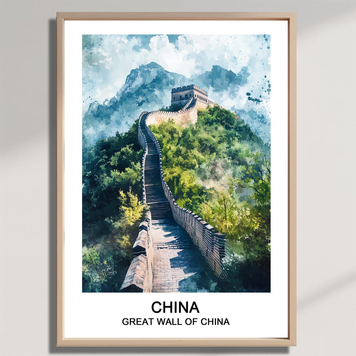 Great Wall Of China Watercolor Watchtower Mountain Travel Poster