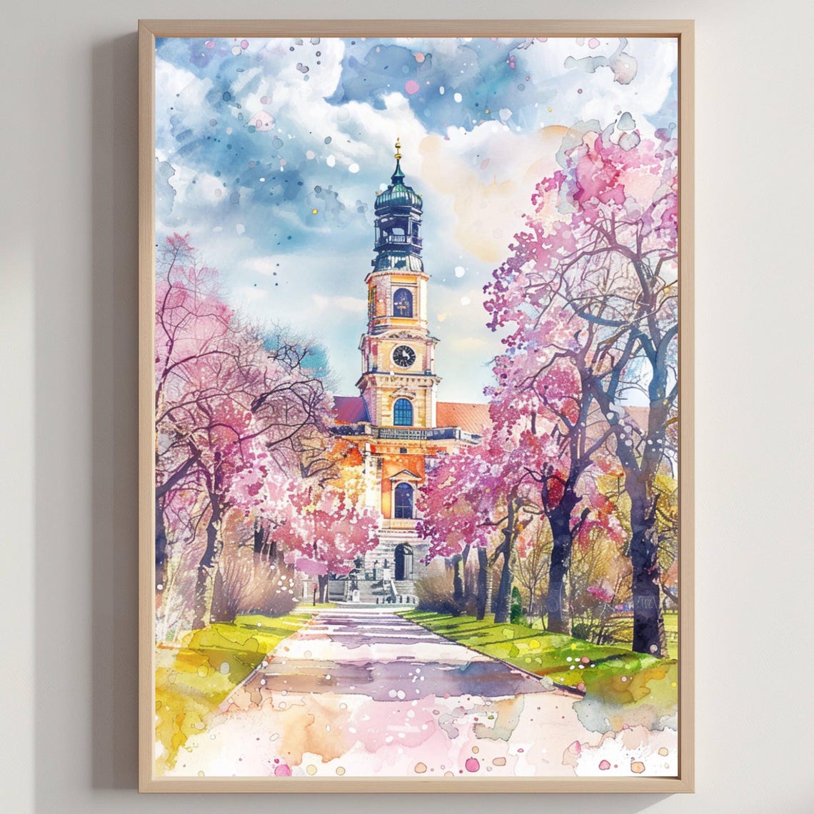 Charlottenburg Palace Berlin Watercolor Poster Pink Blossom Trees