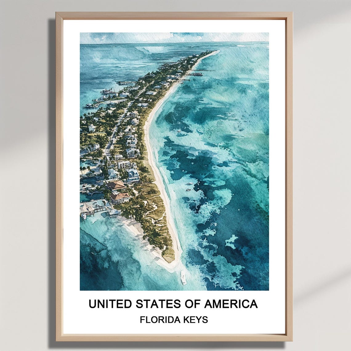 Florida Keys Aerial Watercolor Poster of Tropical Island Beaches