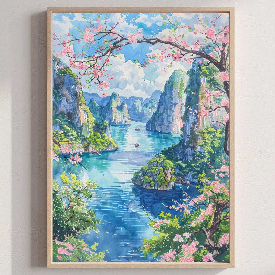 Ha Long Bay Vietnam Watercolor Karst Islands Blossom Travel Poster