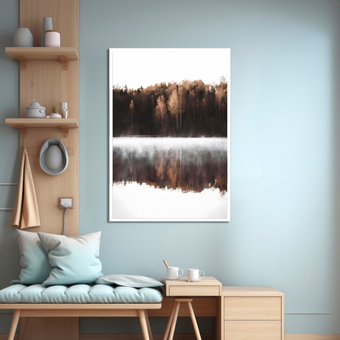 Morning Mist Over Autumn Lake, Serene Landscape Print - Image 4