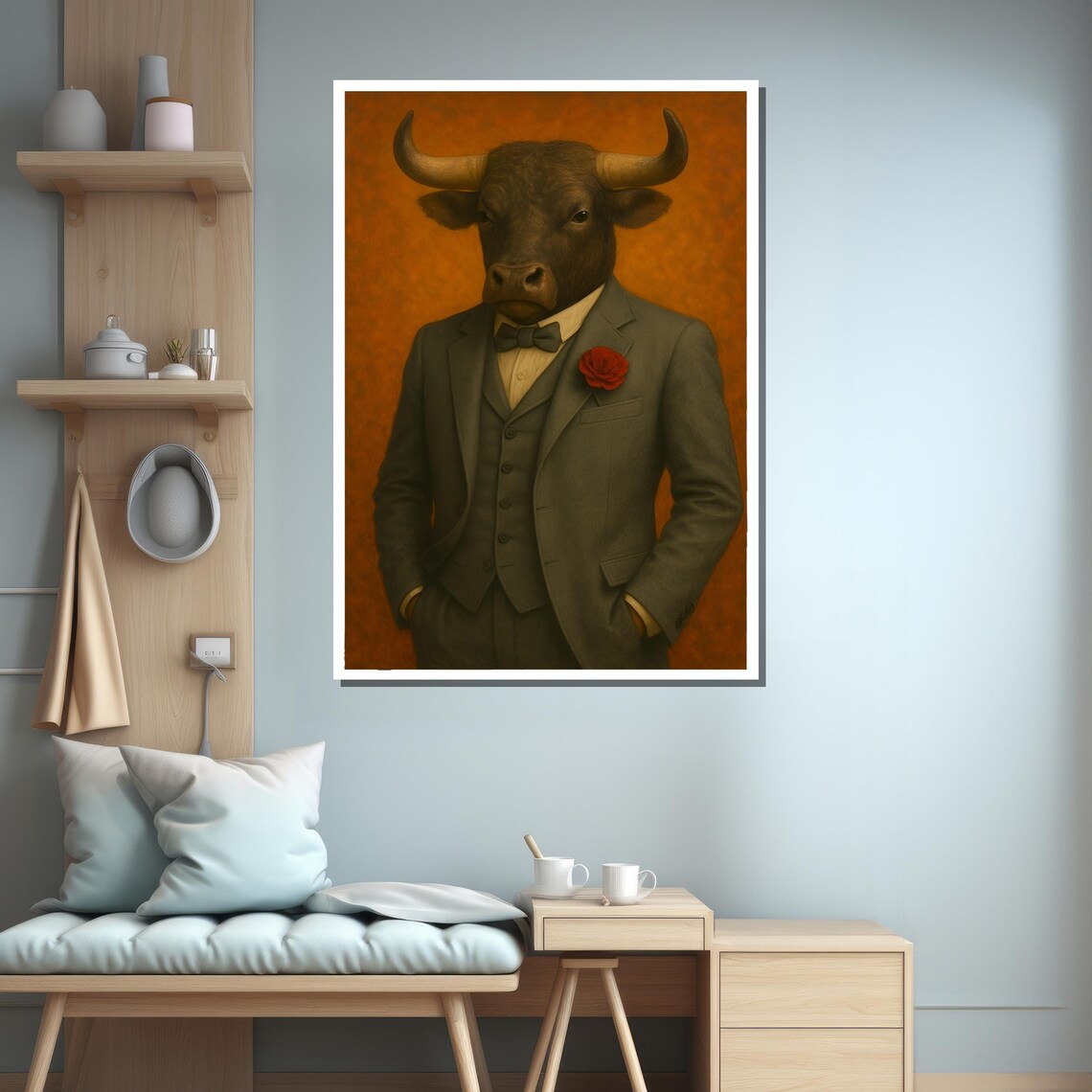 Elegant Bull In Tuxedo With Red Rose Art Print - Image 3